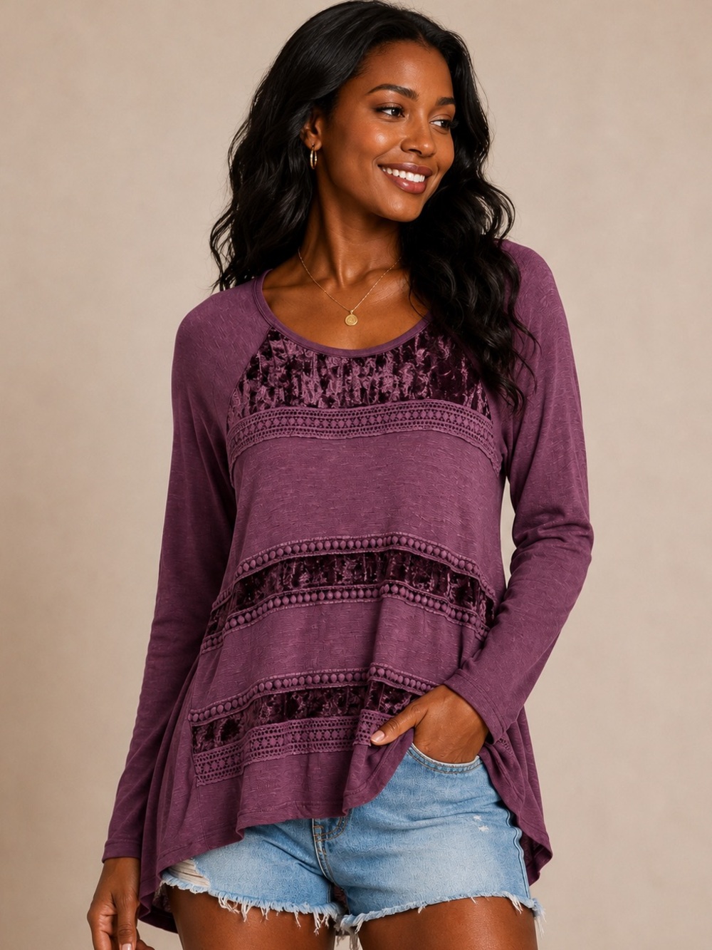 Chico's Plum long-sleeve tunic top with Velvet Panels
